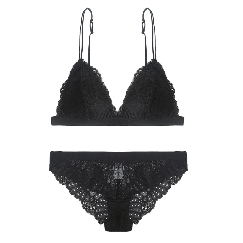 French Lace Underwear Thin Padded Push Up Bralette Translucent Sexy Pantie Small Boobs Comfortable Female Lingerie Wireless Cami - Цвет: Black