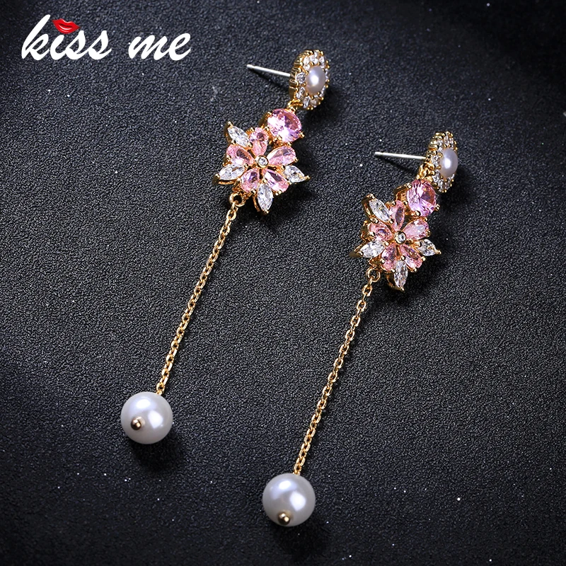 Женские серьги с искусственным жемчугом KISS ME длинные висячие розовым цветком в