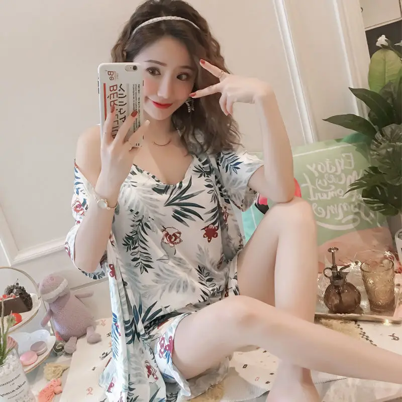 Style 23 Пижамный комплект Для женщин сексуальное платье, бодикон, с рисунком, летние тонкие хлопковые пижамы с длинным платья брюки жилет с новой уникальной технологией рассеивания 5 шт./компл. дома большой Размеры, одежда для сна - Цвет: Style 23