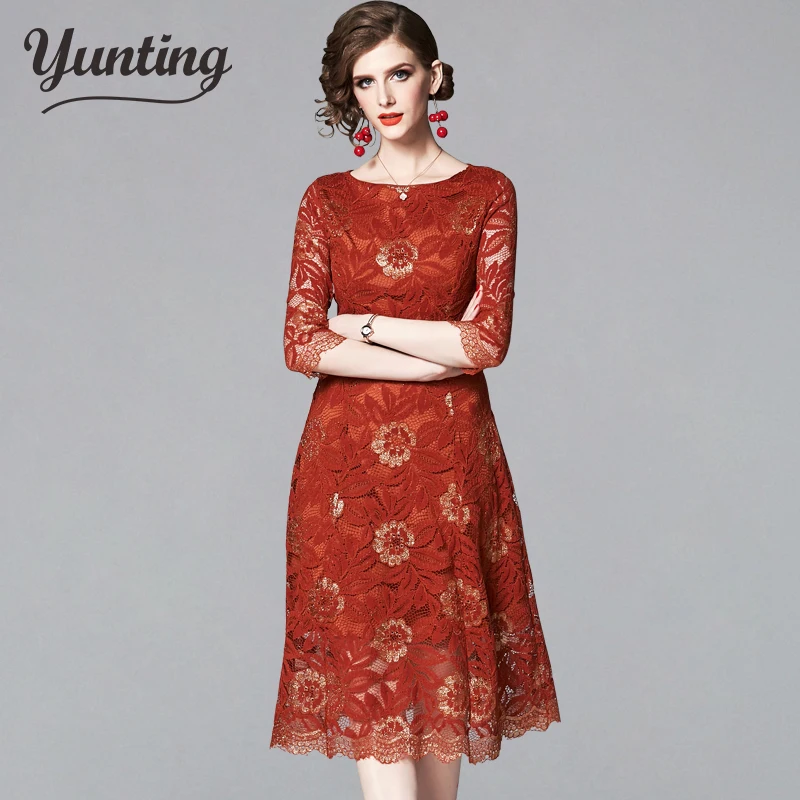 Women Casual Lace Dress New Brand 2021 Autumn Fashion England Style A-line Eleagnt Slim Ladies Party Dresses | Женская одежда