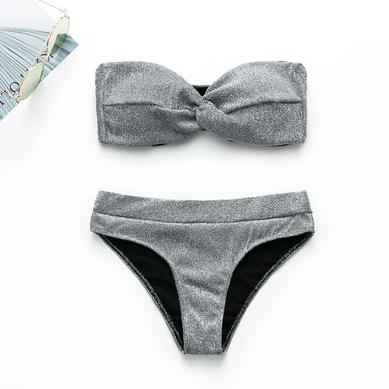 Купальник женский блестящий бикини с высокой талией бандо без бретелек лето 2019 |