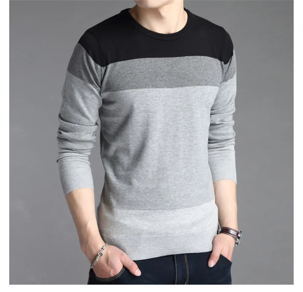 

3 Colors Male Slim Crew Neck Long Sleeve Stripes Cotton Winter Cashmere Sweaters Jumper Pullover Knitwear for Man