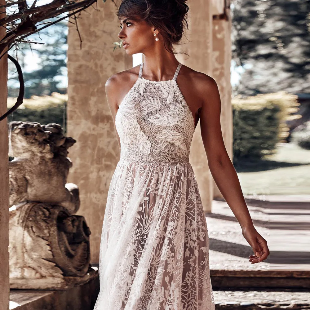 Женское длинное платье без рукавов CHAMSGEND кружевное на бретельках с v образным