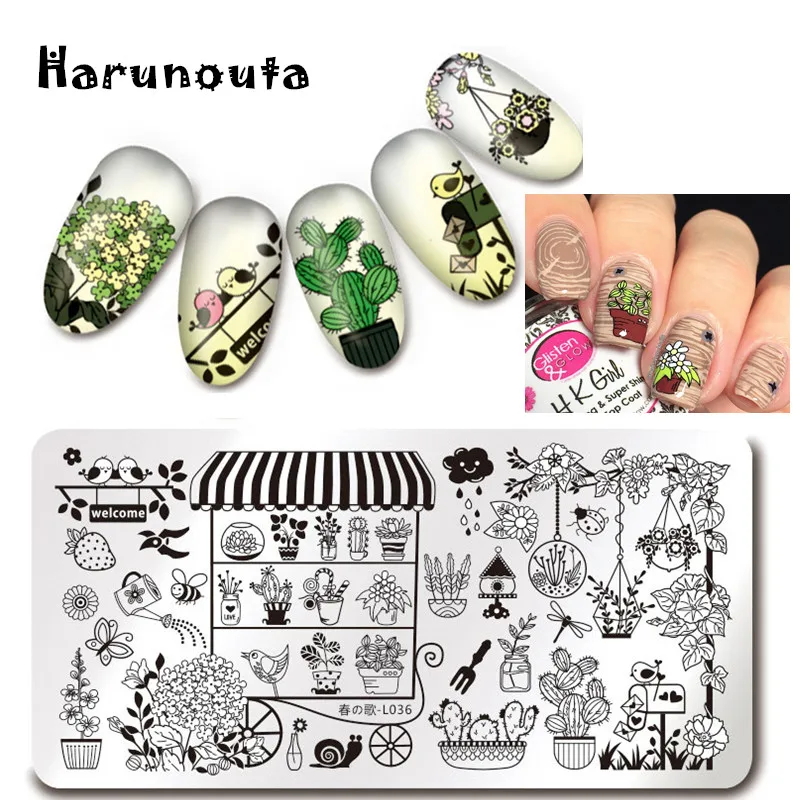 HARUNOUTA ногтей штамповки пластины Цветочные линии Cartoonl Роза шаблон ногти один