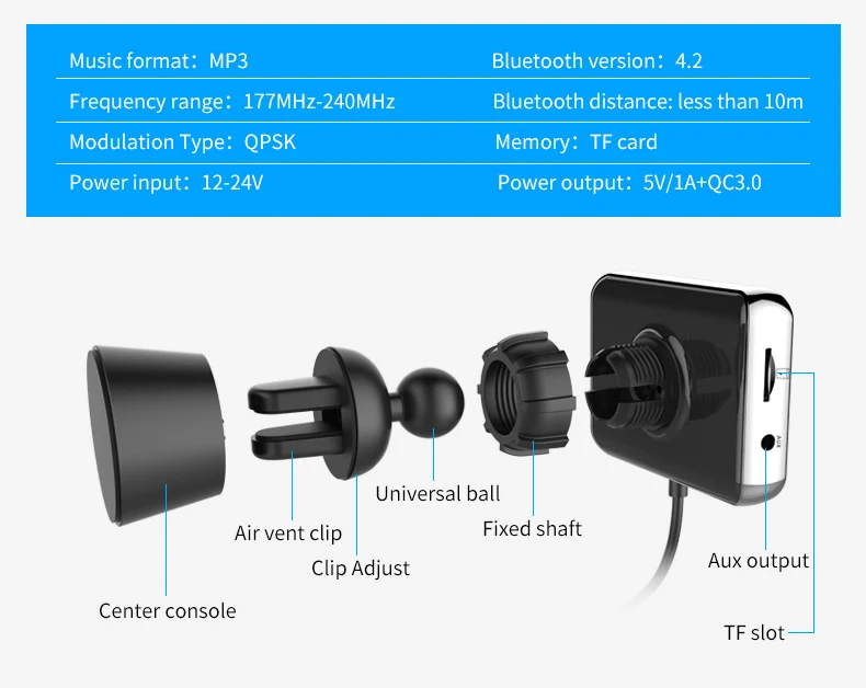 Автомобильный DAB радиоприемник с антенной, fm-передатчик, Bluetooth 4,2, Handfree, автомобильный комплект, Aux Выход, QC 3,0, быстрое зарядное устройство, поддержка TF карты