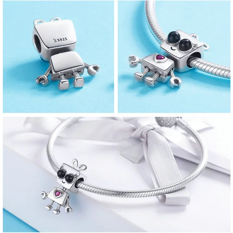 Браслет Pandora,, 925 пробы, серебряный, CZ, милый, для маленькой девочки и мальчика, сердце, робот, талисманы, бусины для дедушки и бабушки