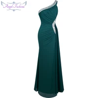 Angel-fashions Beading One Shoulder Silt Pleat Draped Evening Dress vestido de noiva 411 Green