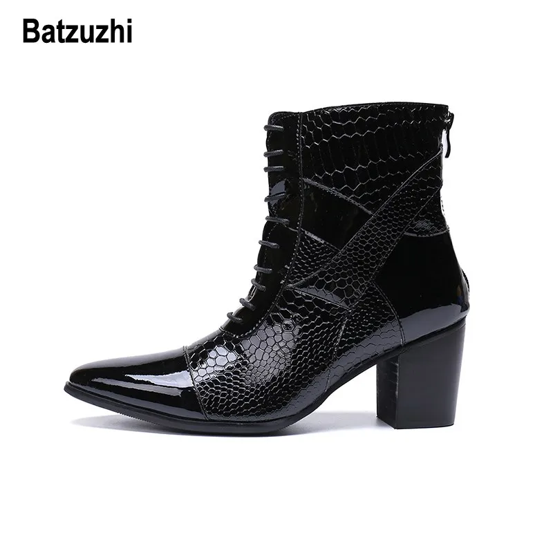 Batzuzhi 7cm High Heel Boots Men Lace-up Handsome Leather Dress Black Party and Wedding Designer botas hombre |