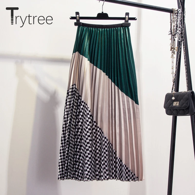 Женская плиссированная юбка Trytree Лоскутная клетчатая в полоску до середины икры