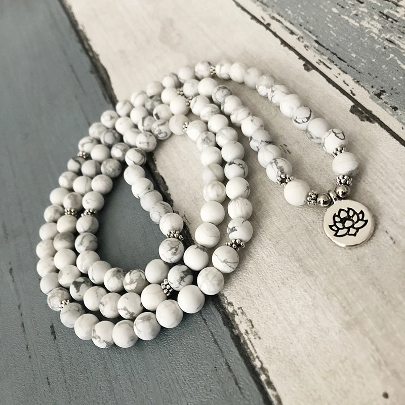 8 мм матовый Howlite мала 108 бусины браслет с цветком лотоса или ожерелье рейки четки молитвенные бусы браслет белый камень