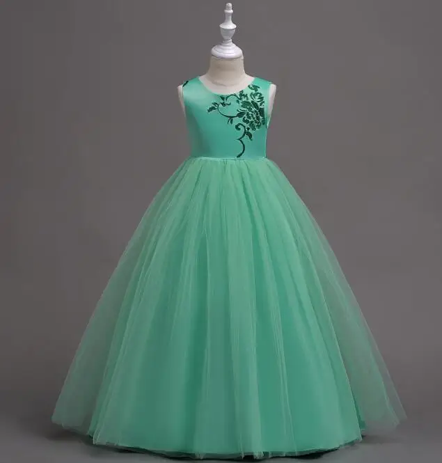 New Arrival 2019 Mint Green Light Blue Lavender White Embroidery Flowers Princess Long Dress Eveving Party for Wedding Girls | Детская
