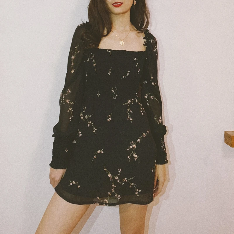 Летнее богемное винтажное женское платье с вырезом лодочкой kawaii boho flroal пляжное шифоновое платье с длинным рукавом повседневное корейское платье