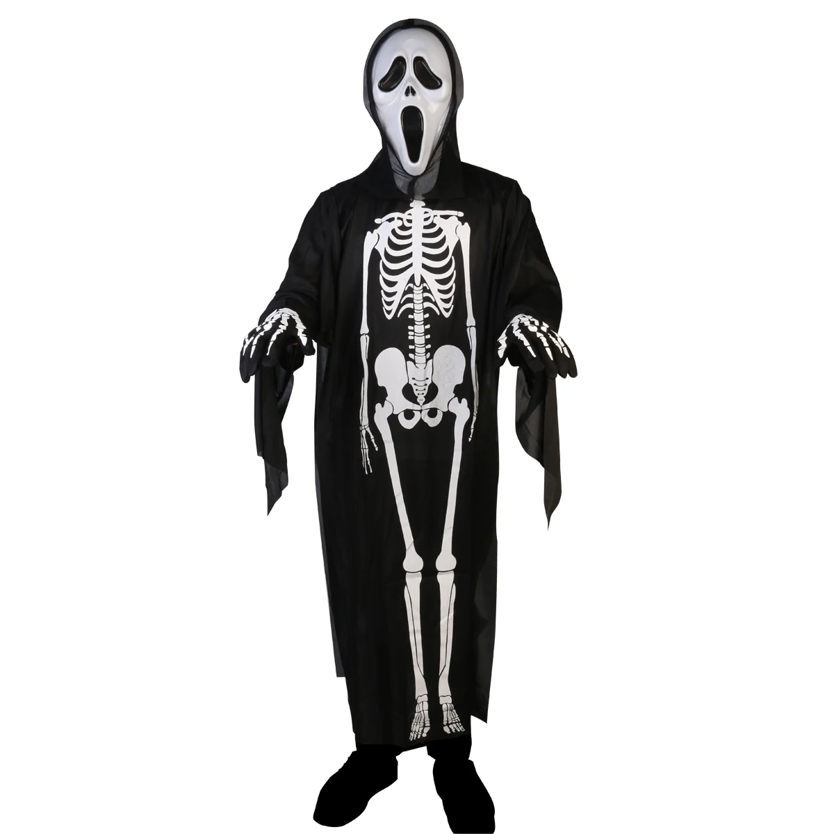 FENICAL Halloween Skull Skeleton Ghost Clothes& Screaming Ghost Mask Masquerade Costume Cosplay Props Set for Adults Black A20