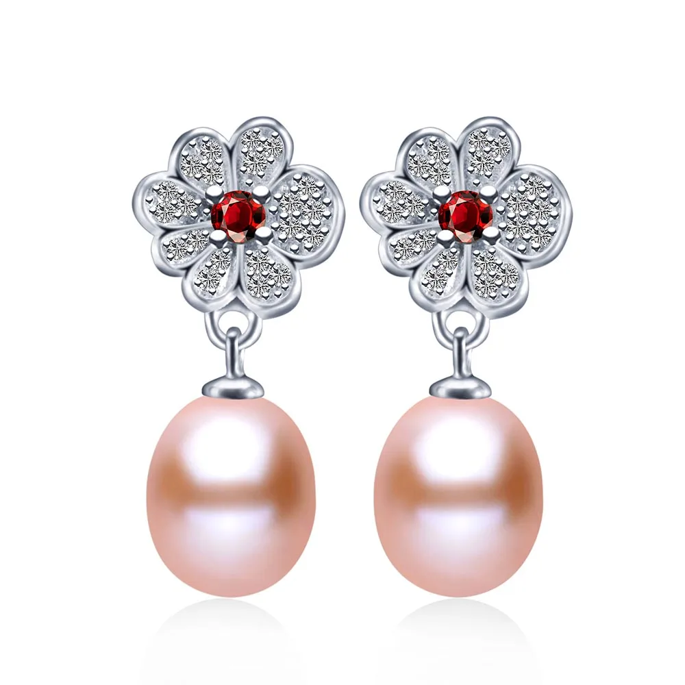 pink pearl Элегантные серьги-капли с растительным цветком, новые модные свисающие серьги с красным Рубином, Лучшая цена, 925 серебряные ювелирные изделия с подарочной коробкой - Цвет камня: pink pearl