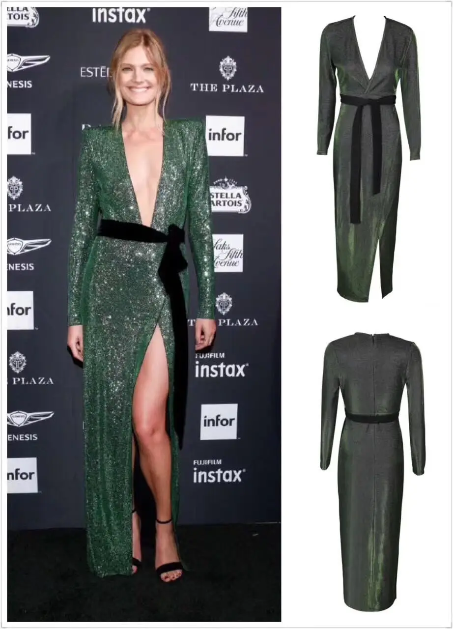 

2018 New Women green dress Elegant V-Neck long sleeve Vestidos Ankle-Length Celebrity evening party Bandage bodycon dresses