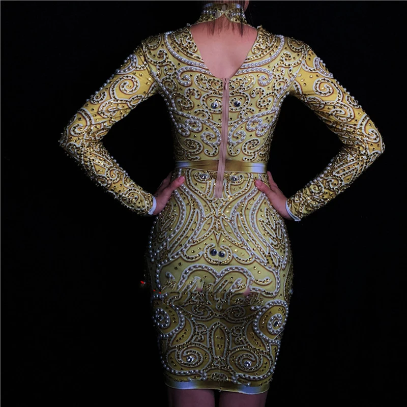 Fashion Rhinestones Pearls Dress Long Sleeves Women's Gold Female Singer Clothes Birthday Celebrate Evening DWY1383 | Тематическая