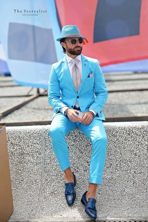 Портной сделал Небесно Голубой жених смокинг для пляжа свадьбы 2 шт Slim Fit Мужские