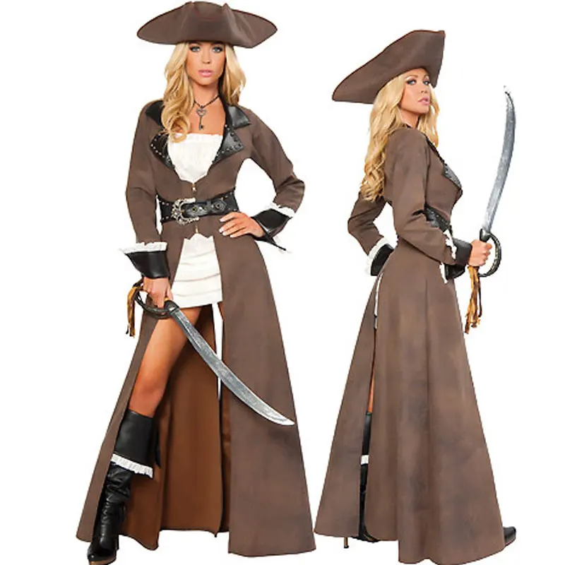 

New Sexy Pirates of the costumes,female pirate cosplay with long leather coat for women Disguise Halloween Costume set