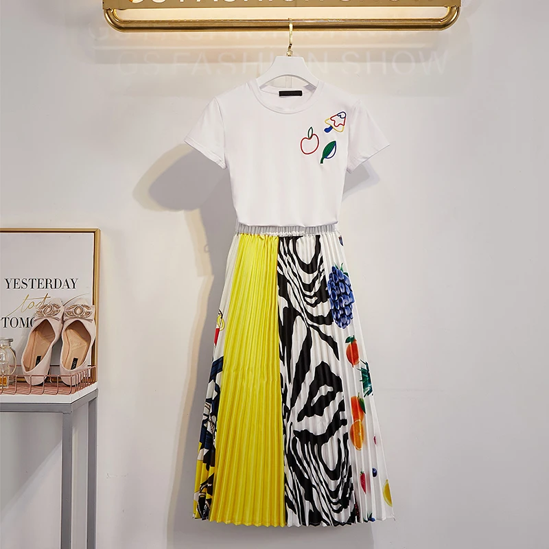 Новая цветная длинная юбка с принтом фруктов футболки Женский комплект 2 шт.