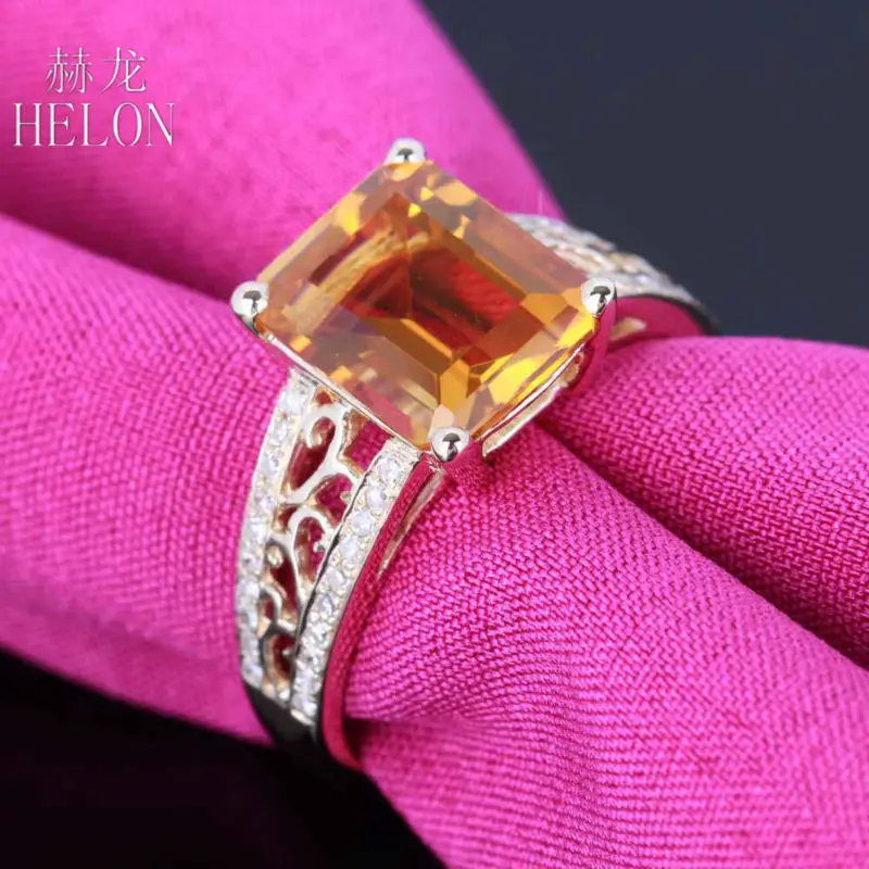 

HELON Soild 14K Yellow Gold Flawless Emerald Cut 10x8mm 1.97ct Natural Citrine Diamonds Engagement Wedding Lady Jewellery Ring