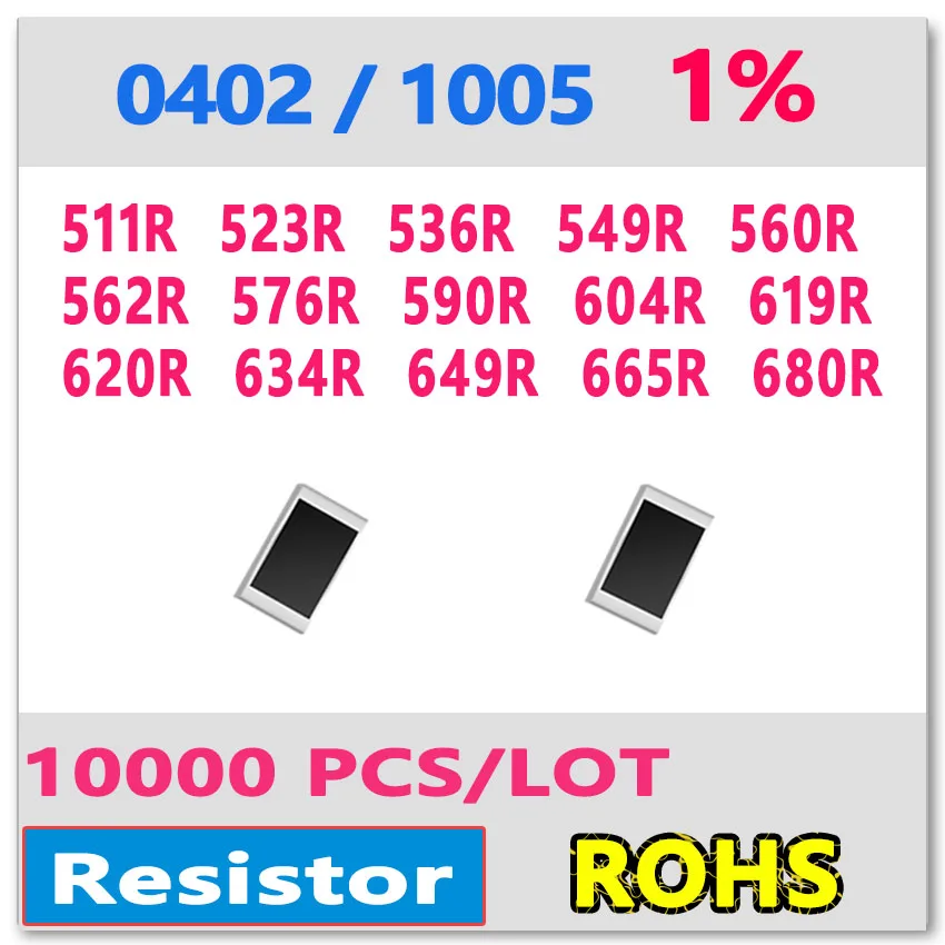 

JASNPROSMA OHM 0402 F 1% 10000pcs 511R 523R 536R 549R 560R 562R 576R 590R 604R 619R 620R 634R 649R 665R 680R smd 1005 560ohm