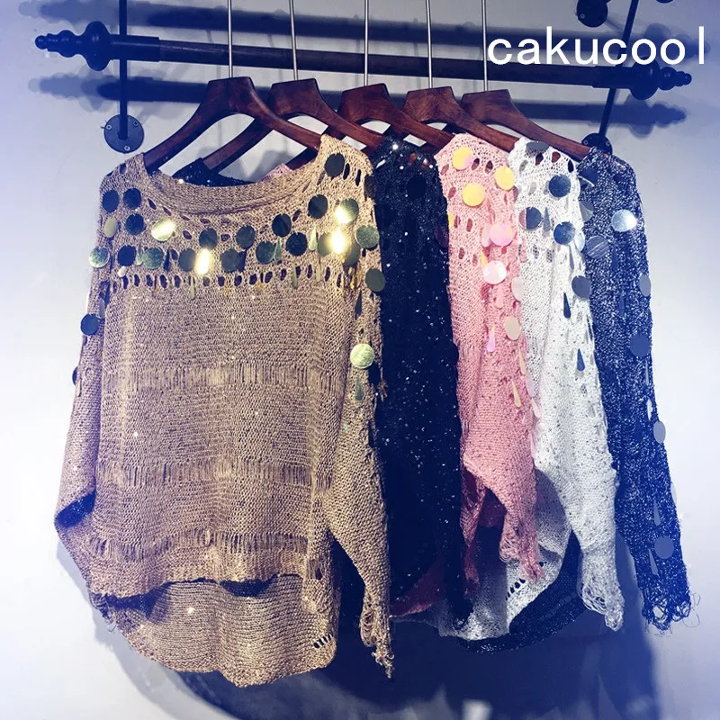 Cakucool Women Spring Knit Pullover Shirt Hollow Out O-neck Long Batwing Sleeve Sweaters Sequins Bling Loose Thin Top Feminino | Женская