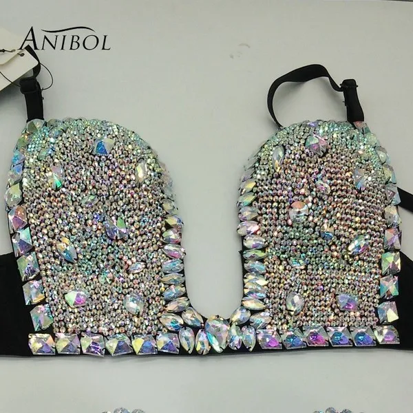 Черный High-end Customized Bikini Bra Crystal Women Swimwear Tops Sexy Club Wear Underwear Rhinestone Female Swimwear Brassiere - Цвет: Черный