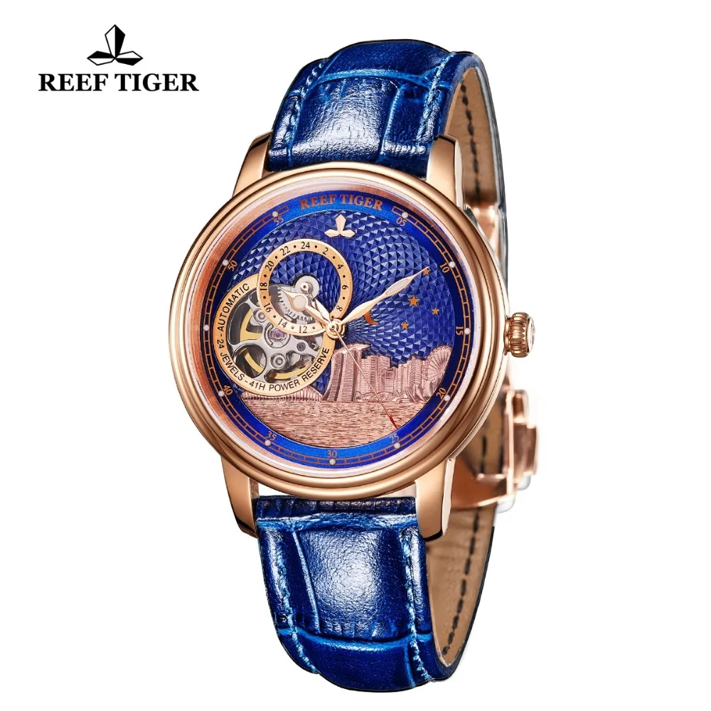 Часы Reef Tiger/RT мужские механические розовое золото синий цвет 2019 | Наручные часы
