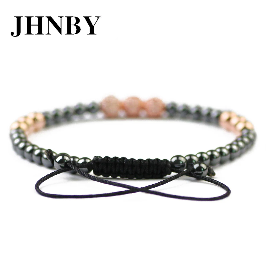 JHNBY Ball 4/5mm Hematite Beads Pave CZ Men Charm Copper Bracelet Rose Gold Color Trendy Women Braided Rope Bangle Jewelry Gift | Украшения