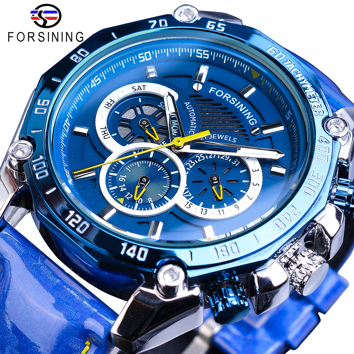 Мужские автоматические часы Forsining Blue модные спортивные с большим циферблатом