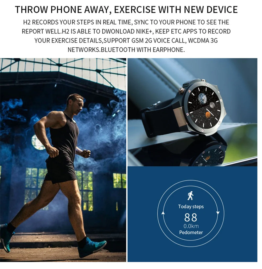 Microwear H2 android ios 1 г + 16 ГБ Смарт часы 39 дюймов mtk6580 SmartWatch телефон Wi Fi gps 4 ядра 5.0MP Камера