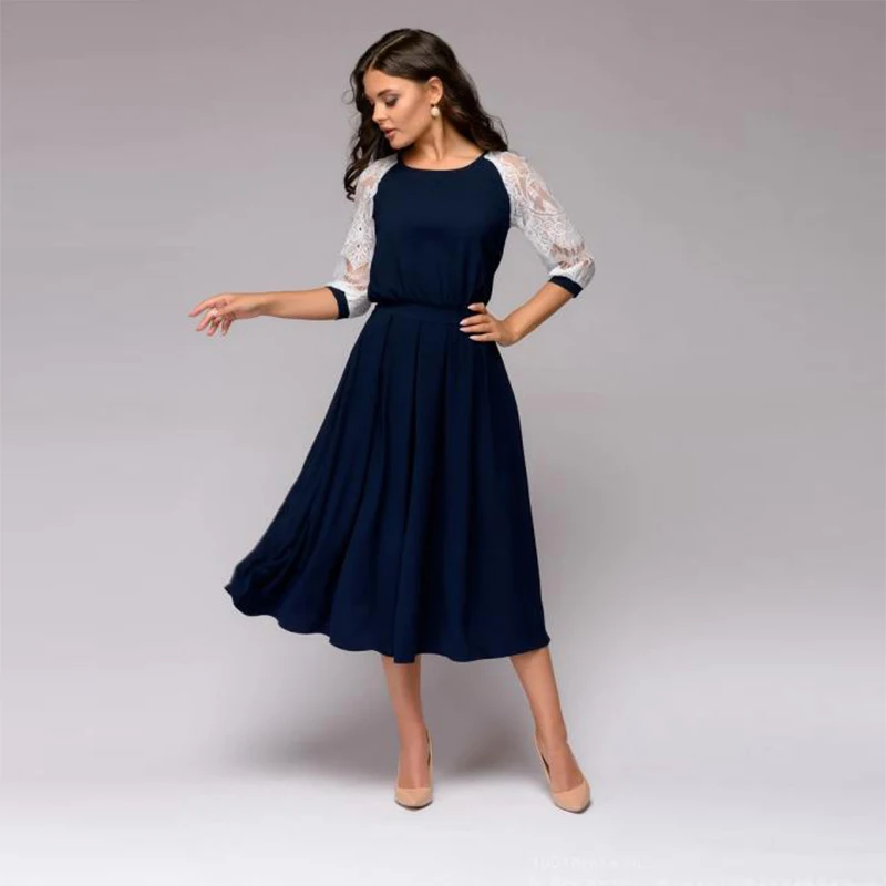 Женское повседневное кружевное лоскутное платье трапециевидной формы для