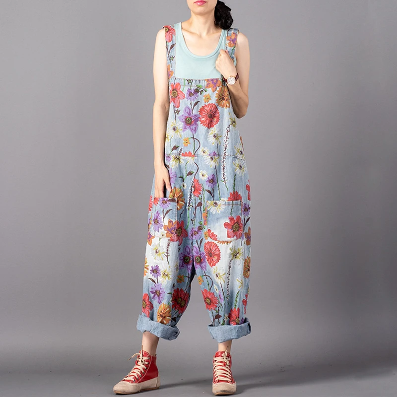 Printed Jumpsuits Female Vintage Floral Overalls Drop-Crotch Pants Loose Denim Jumpsuits