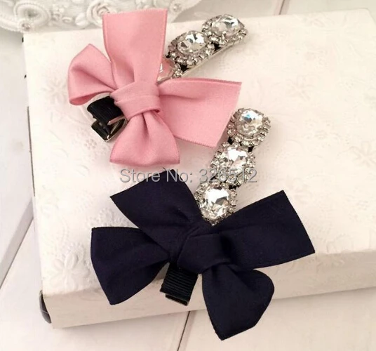Дизайнер милый розовый лента бант шпилька горный хрусталь бусины заколка для