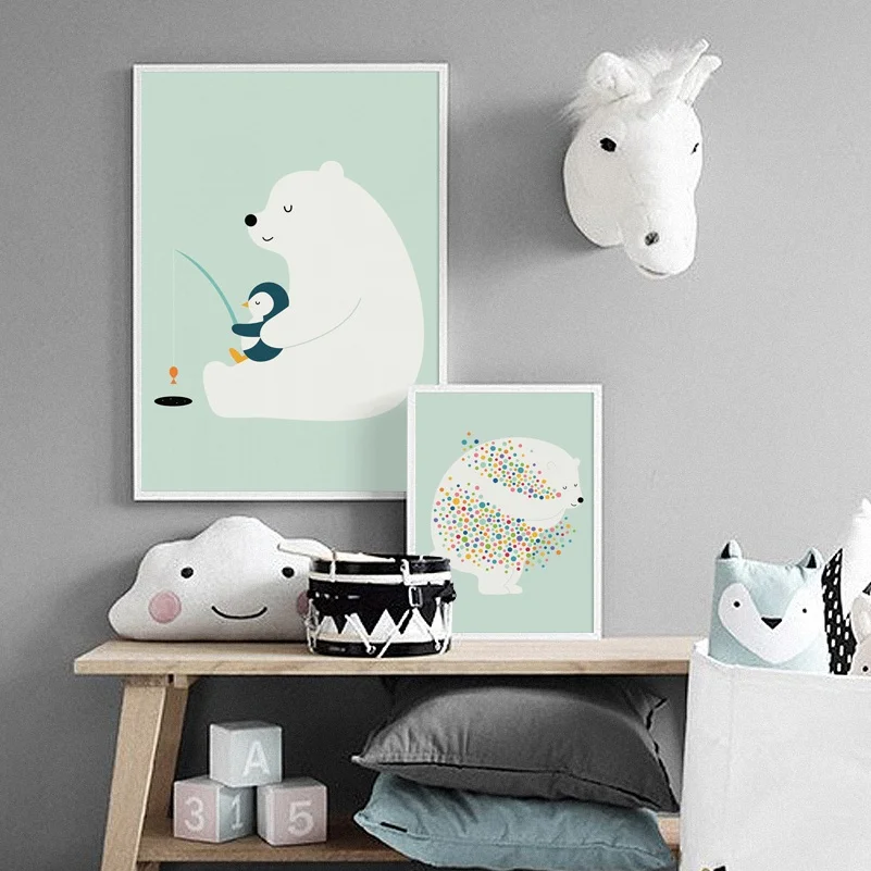 

Polar bear penguin Fishing Nordic Posters And Prints Nursery Wall Art Canvas Painting Animal Wall Pictures Baby Kids Room Decor