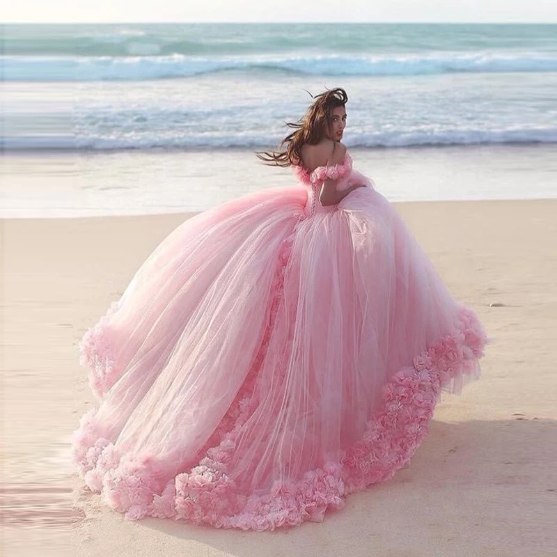 Ярко-розовое свадебное платье с цветами и открытыми плечами Robe De Mariage фатиновое
