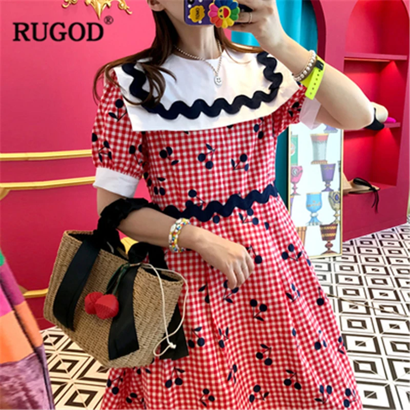 RUGOD 2019 Новое Женское шикарное клетчатое платье с вишневым принтом воротник Питер