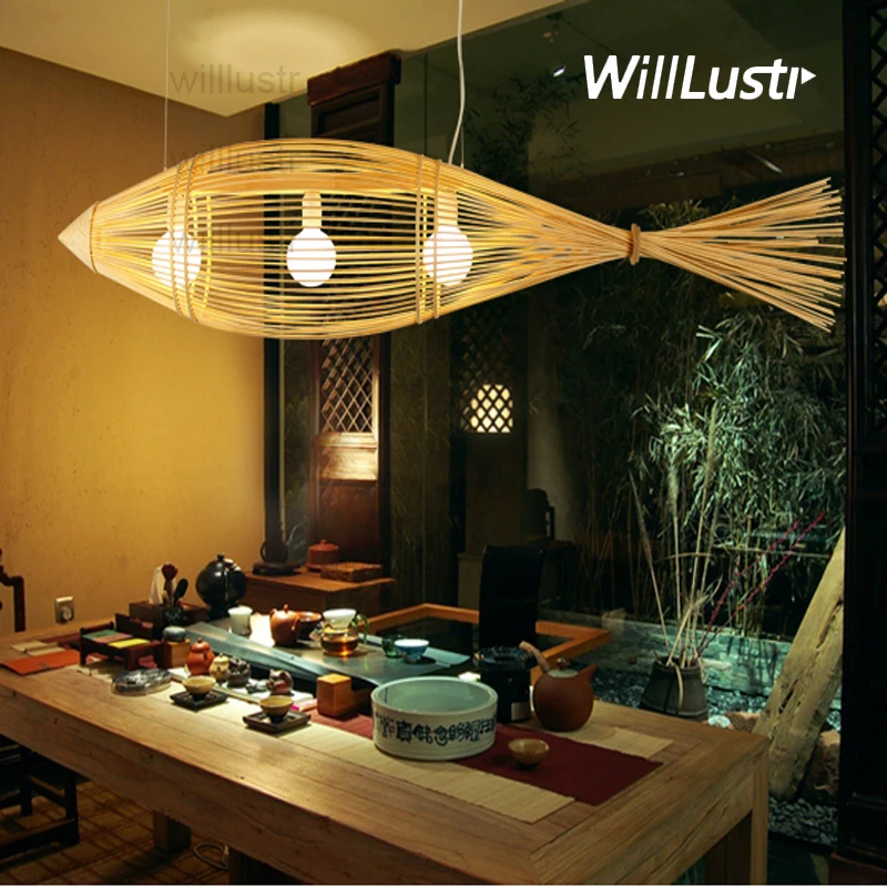 

willlustr bamboo pendant lamp big fish natural hanging light hotel restaurant bar lounge wood suspension light handmade lighting