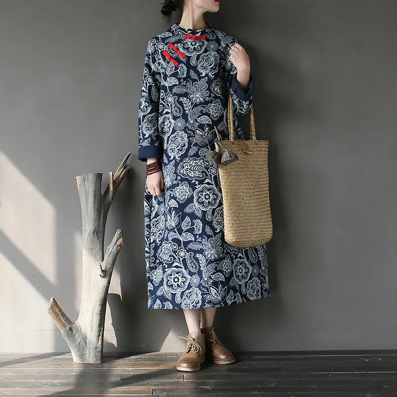 Johnature женское винтажное платье белого и синего цвета в китайском стиле Cheongsam Осень Зима Новое теплое флисовое платье с длинным рукавом