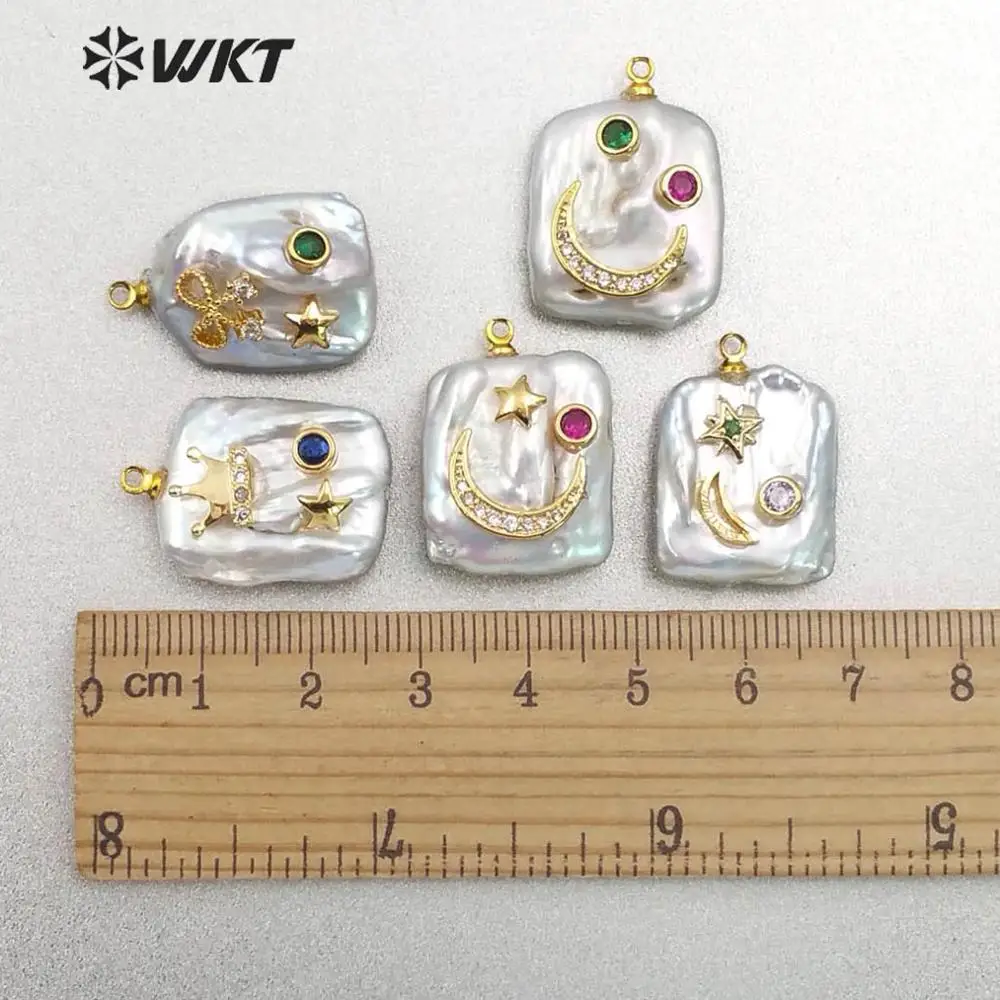 WT-MP136 Natural Freshwater Pearl&ampCZ Pave Pendant Square Shape With Gem stone pave Star Crescent Crown Bow Charm | Украшения и