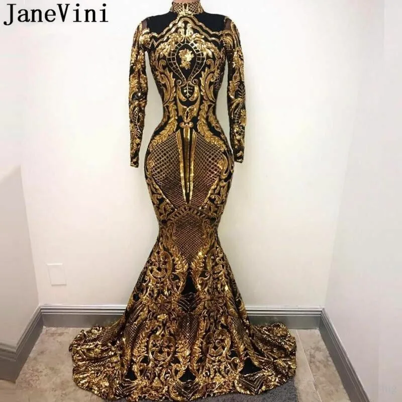 

JaneVini Bling Gold Sequin Evening Dress Arabic Women Mermaid Long Sleeve Evening Gown Lange Jurk Dubai Formal Party Prom Dress