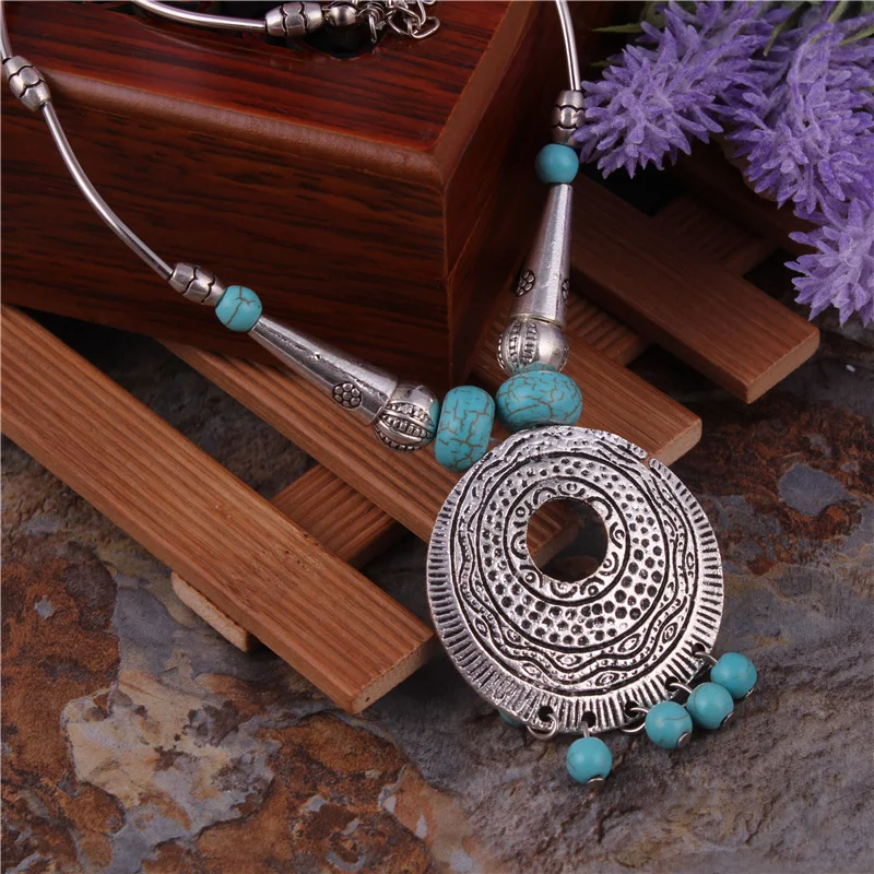 Statement Tibetan Silver Color Chain Big Stone Necklaces Bohemian Gypsy Carved Round Beads Tassels Pendants Women | Украшения и