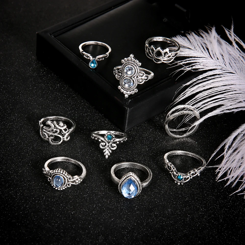 9 шт./компл. набор колец серебристого цвета с перекрестным лотосом и двойным