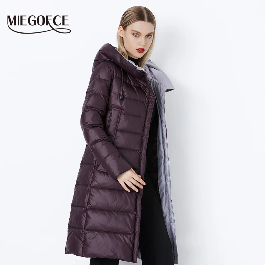 MIEGOFCE Новая Зимняя Женская Коллекция Зимний Женский Пуховик Длинное Женское Пальто с Капюшоном Женская Зимняя парка Европейский Стиль Женский Био Пух На Молнии Теплая Ветрозащитная Куртка Пуховик Женский Зимни