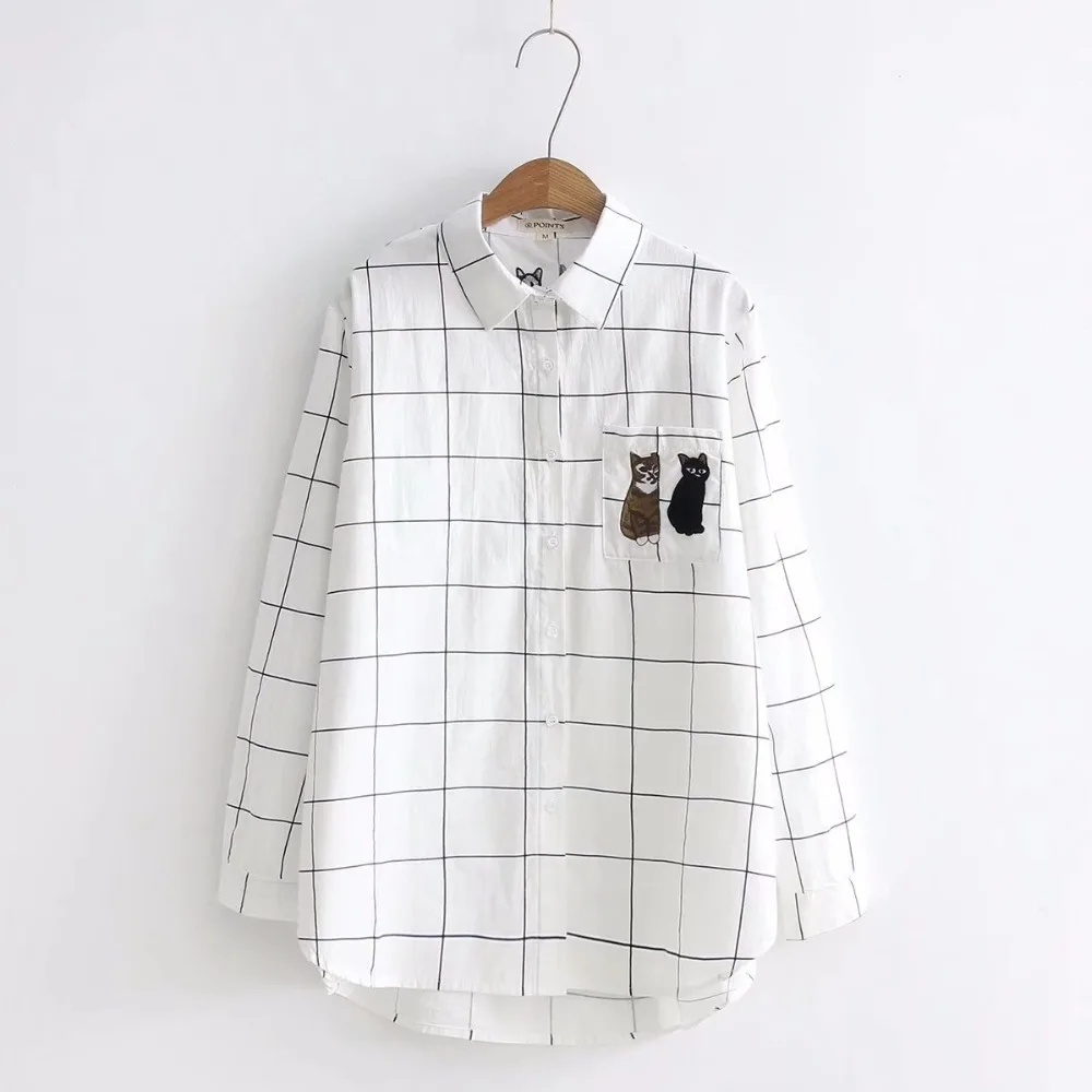 plaid Cute pocket cat embroidery long sleeve shirt blouse mori girl 2018 spring |