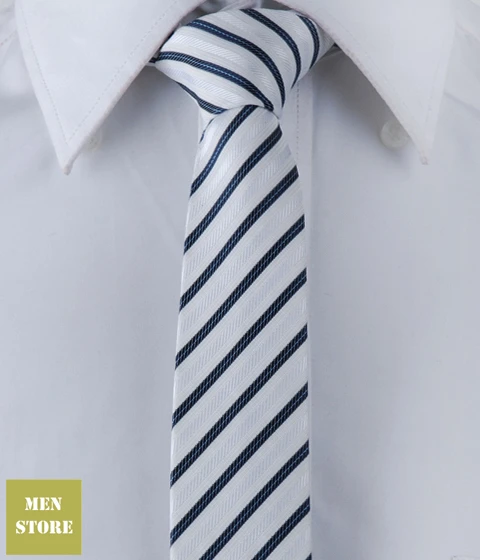 Темно синий белый полосатый Мужской Жаккардовый тканый тонкий узкий галстук 2