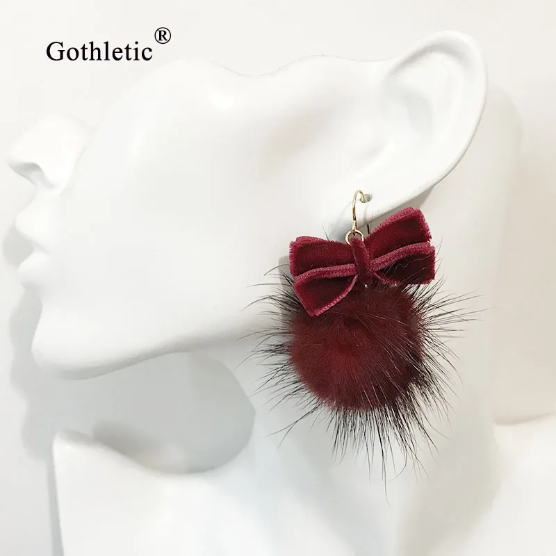 Женские серьги гвоздики с помпоном из натурального меха норки|dangle drop earings|dangle