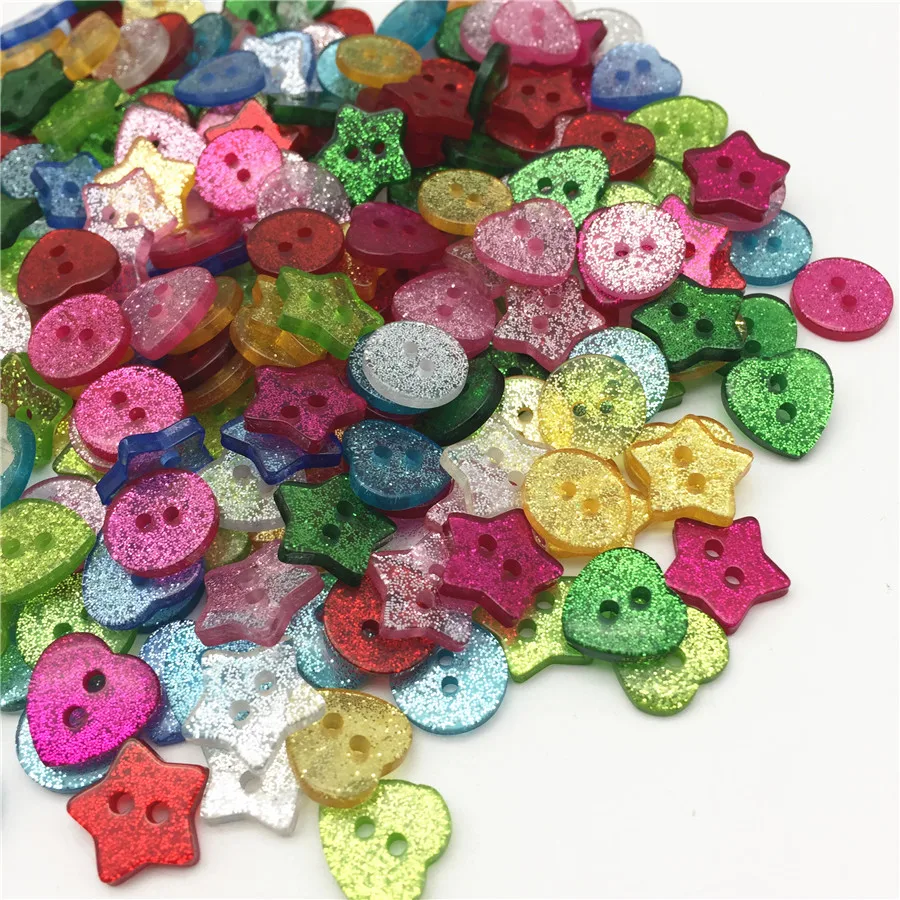 200pcs Sparkle Glitter Heart Star Round Mixed 2 Holes Sewing Buttons Shiny Clothing Accessories Scrapbooking Button 13 Colors |