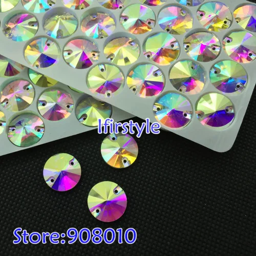 200 штук/коробка 12 мм круглый Риволи пришивные стразы кристалл AB цвет плоская задняя часть 2 отверстия швейные пуговицы бесплатная доставка.