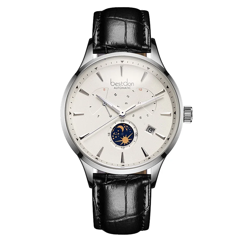 Silver-white-black Bestdon швейцарские роскошные брендовые механические часы, автоматические мужские часы с фазой Луны, синие кожаные Наручные часы, Классические джентльменские часы - Цвет: Silver-white-black